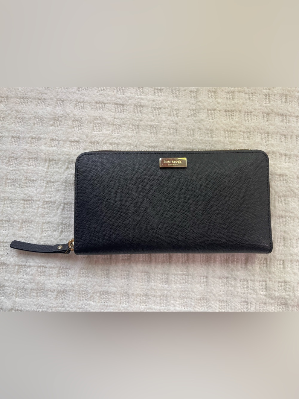kate spade Black Zip-Around Saffiano Leather Wallet with Gold Plaque